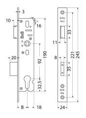 Zámek zadlabací - pravolevý, pro hliníkové dveře